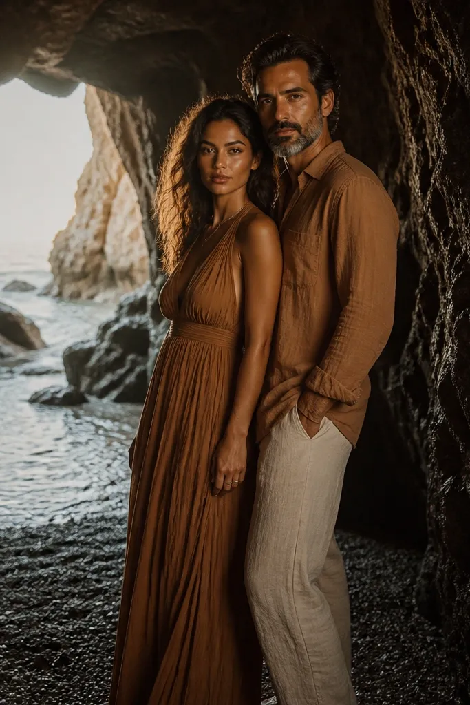 Caramel dress and cream shirt framed by a dark ocean cave opening