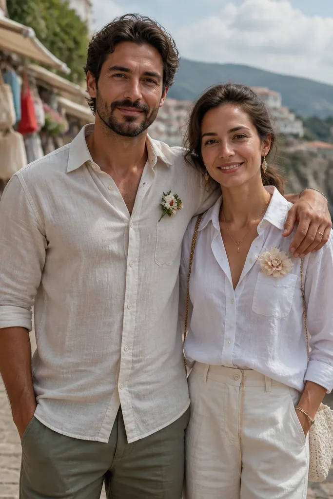 Light linen shirt and soft floral accessory with ocean view behind