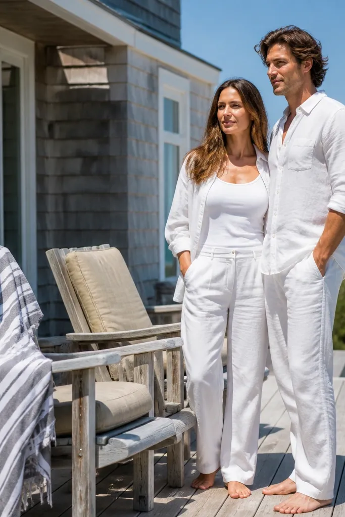 Striped cover-up and white dress sitting in sun-bleached deck chairs