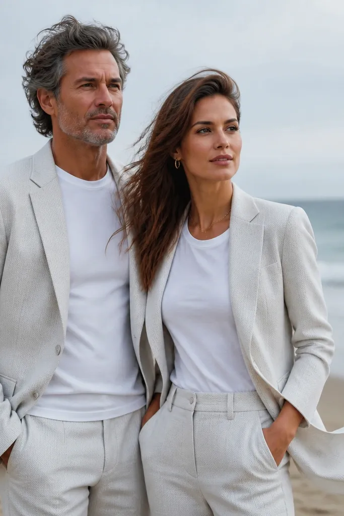 Cream blazer over white shirt with tailored trousers at the shoreline