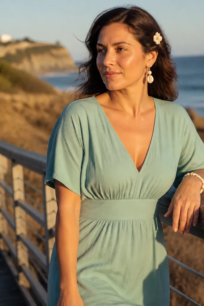 Seafoam green dress with white shell earrings on a bright sandy beach