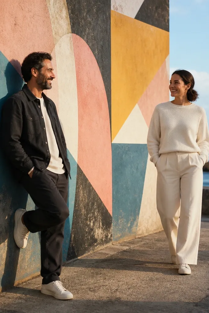 Neutral outfits in front of a seaside mural with ocean visible behind