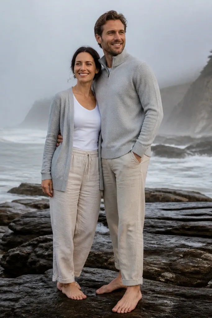 Simple white dress and tan shirt standing barefoot on rock steps by the sea