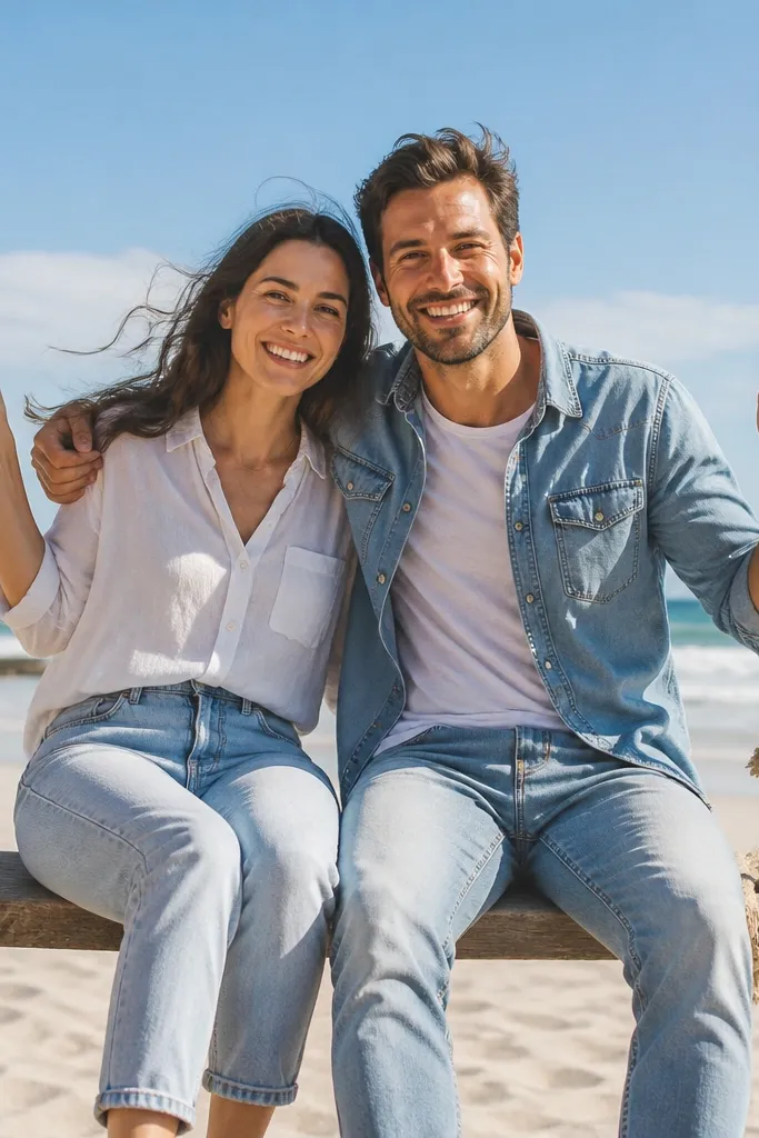 Denim outfit and white top on a beach swing with ocean horizon behind
