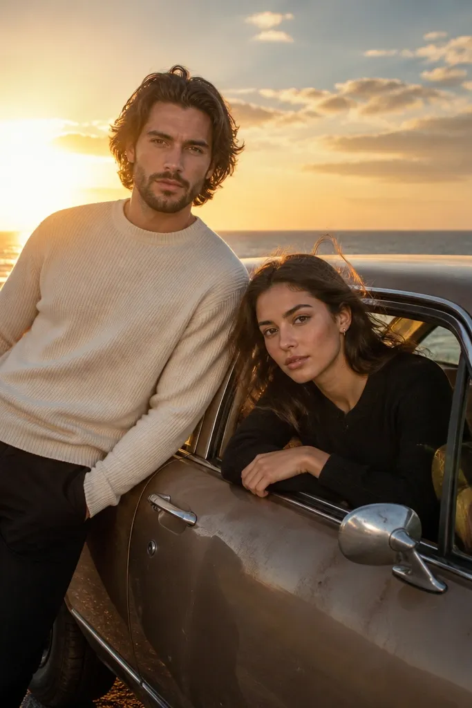 Couple in neutral outfits by a parked car near ocean road at sunset
