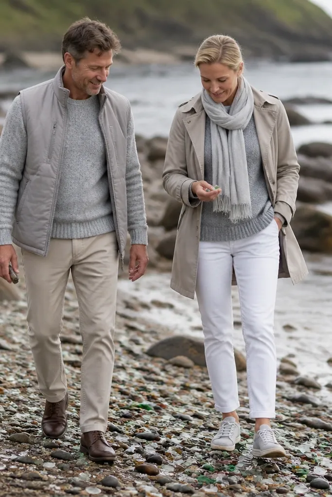 Coordinated neutral outfits walking along wet sand near small sea glass pieces