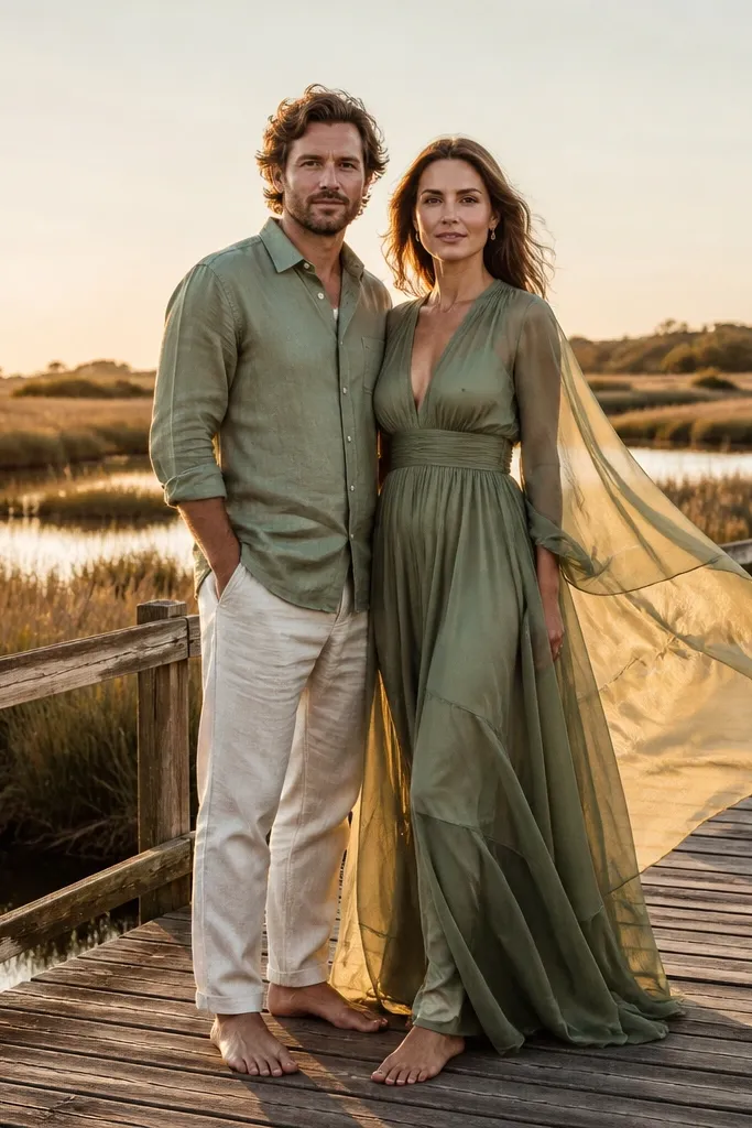 Sage satin dress on a wooden boardwalk over marsh water at golden hour