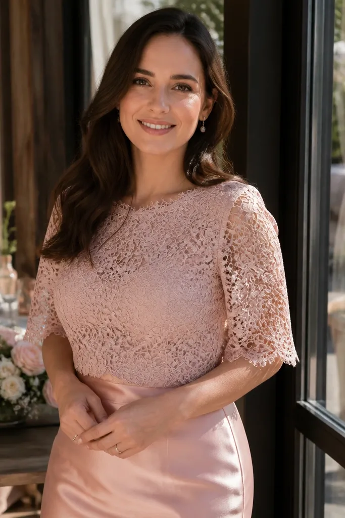Blush lace top with a satin midi skirt and champagne heels