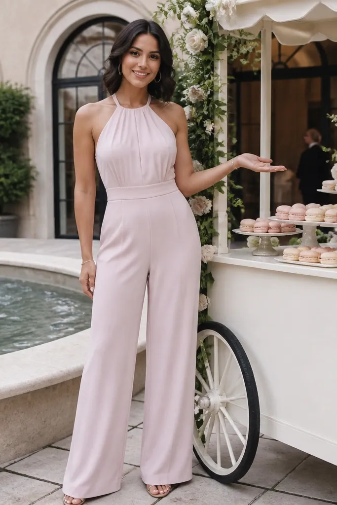 Pale rose halter jumpsuit with white strappy heels and a mini clutch