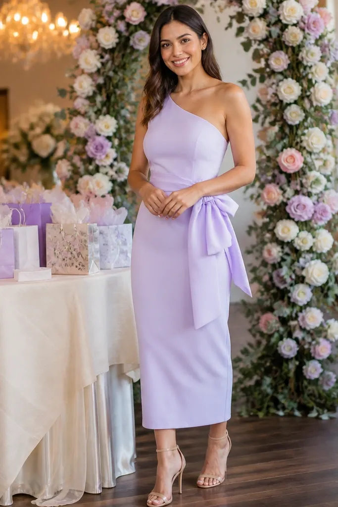 Lavender one-shoulder midi dress with a small bow detail and nude heels