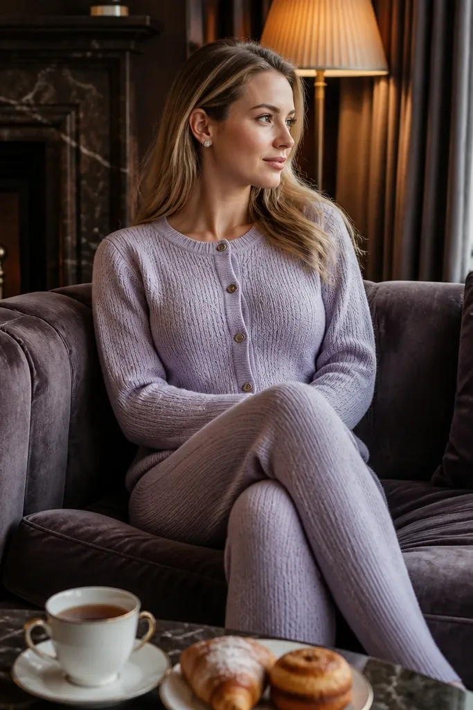 Pale lilac knit set with a button cardigan and cream flats