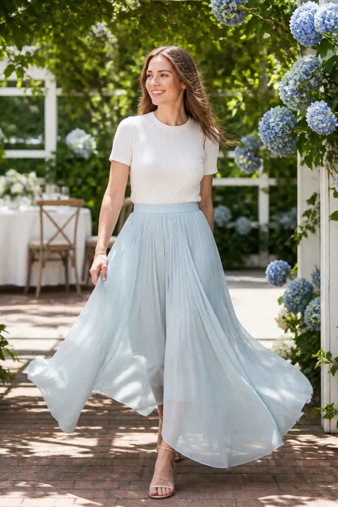 Powder blue chiffon skirt with a white knit top and nude sandals