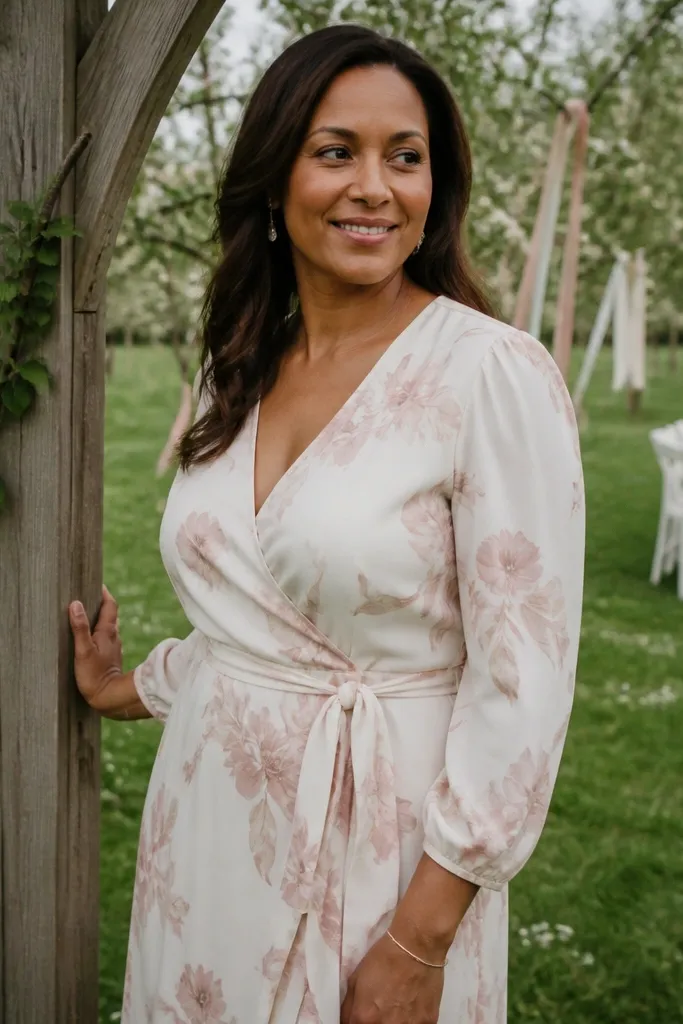 White and blush floral wrap dress with tan wedges and a cream bag