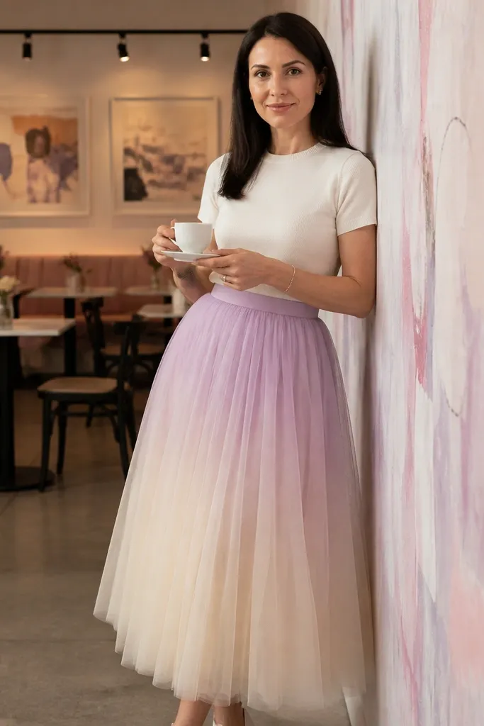 Single-color ombre tulle skirt with a white top and blush heels