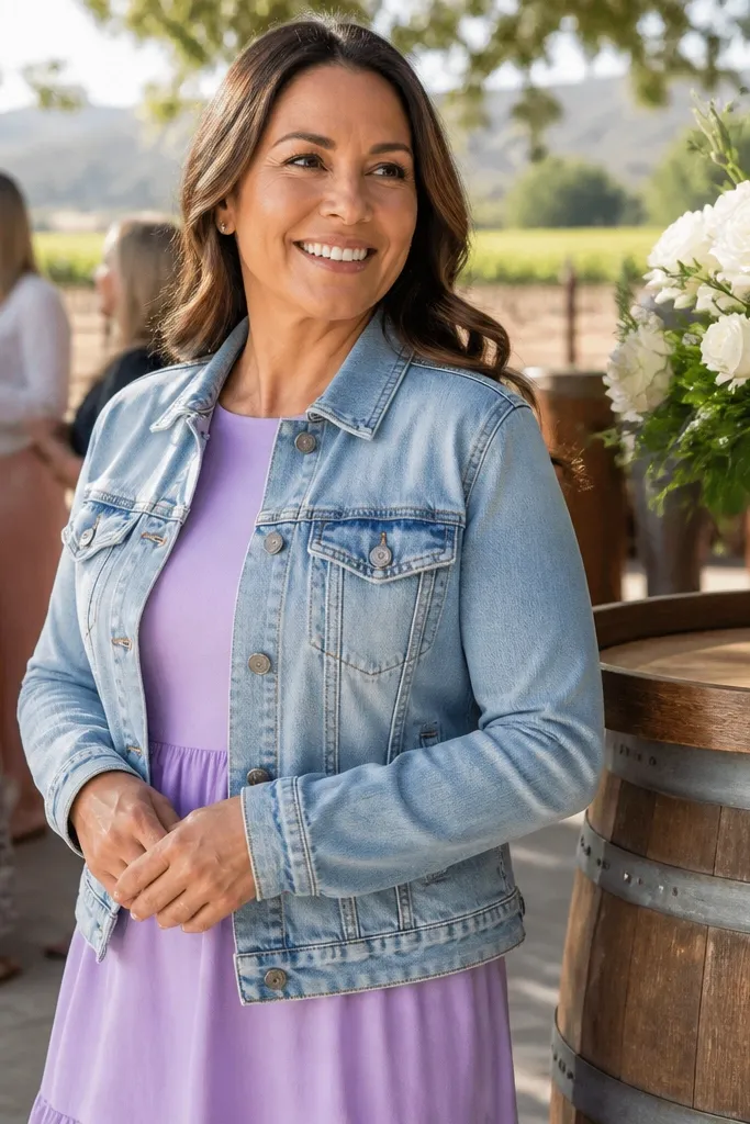 Light blue denim jacket layered over a pastel dress with nude flats