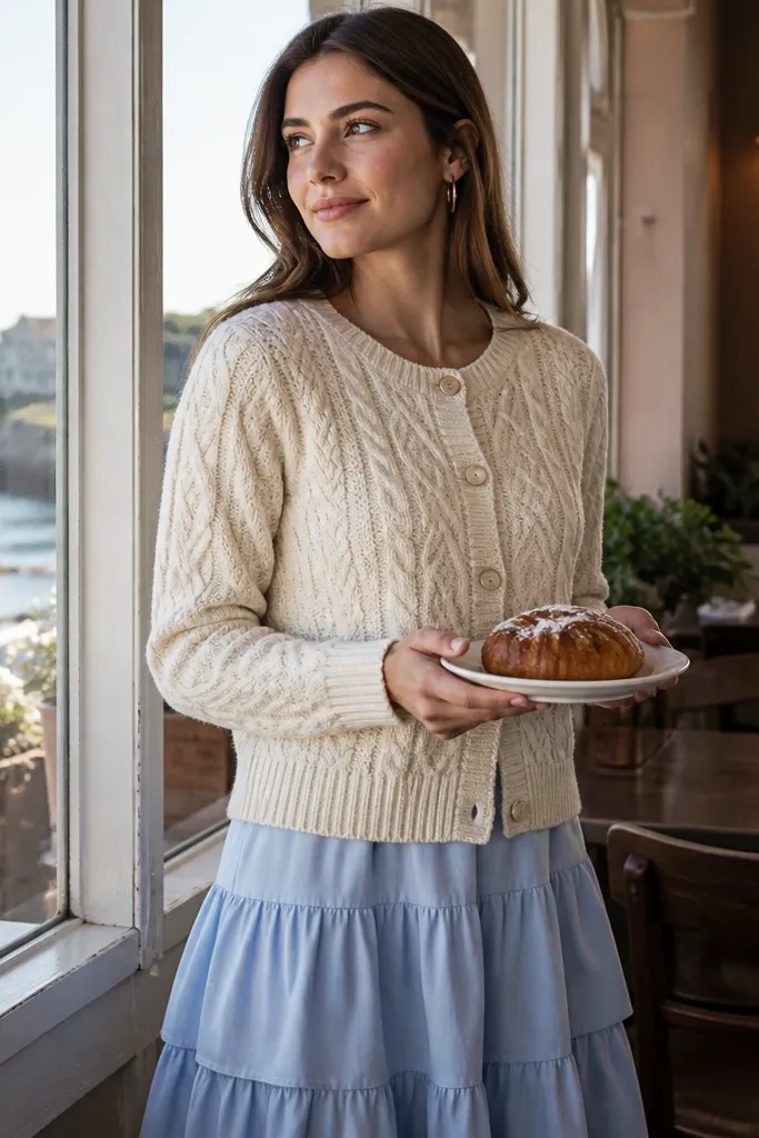 Buttercream cardigan over powder blue tiered skirt