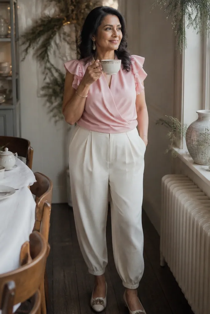 Ballet pink ruffle sleeve top with cream wide-leg trousers and tan sandals