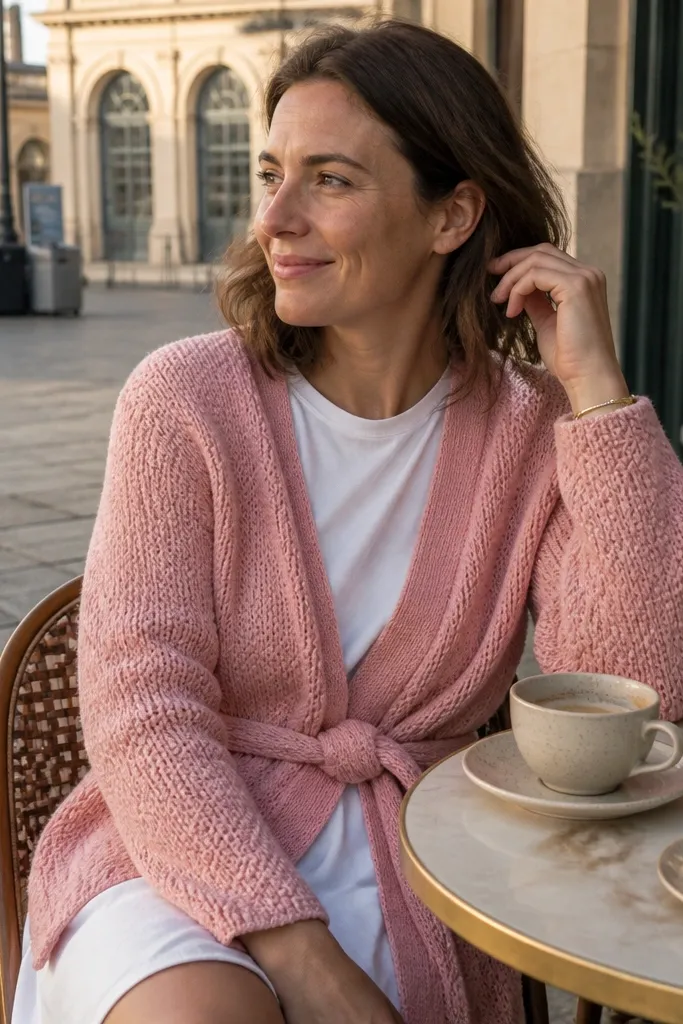Pink knit wrap cardigan over a white t-shirt dress with white sneakers