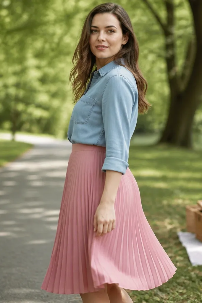 Dusty pink pleated skirt with a light chambray shirt and tan belt