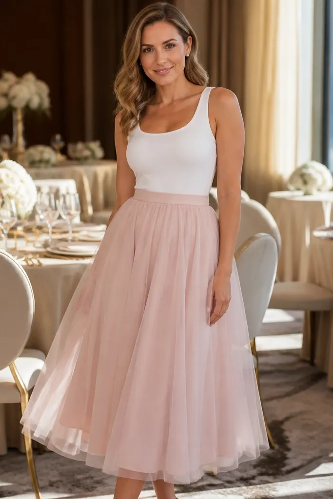 Blush tulle midi skirt with a white bodysuit and delicate gold necklace