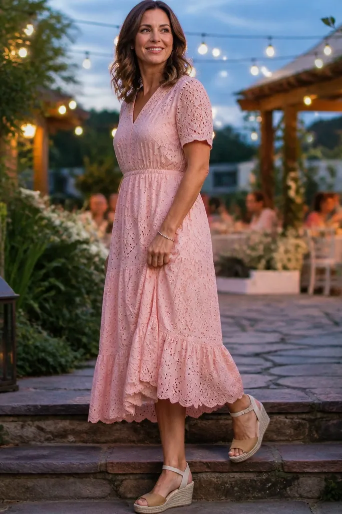 Pink eyelet dress with an elastic waist and wedge sandals