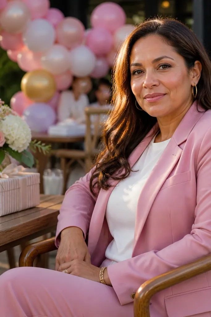 Pink blazer over a white tee with light pink tailored trousers