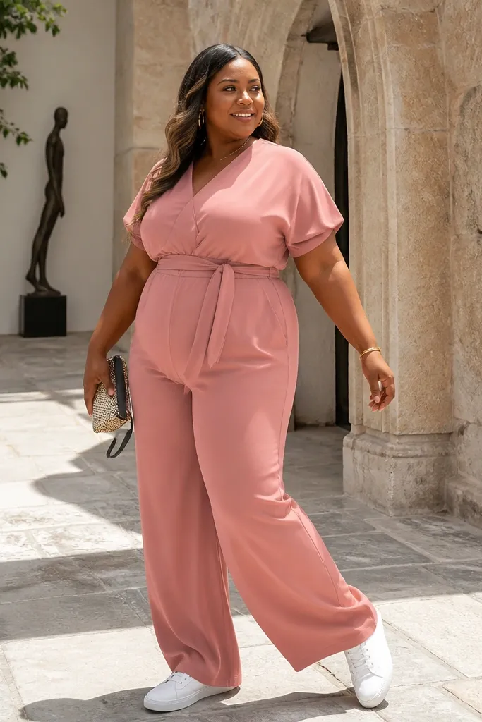 Rose pink jumpsuit with wide legs and white sneakers