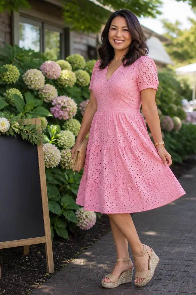 Strawberry pink eyelet dress with tan wedges and a small crossbody bag