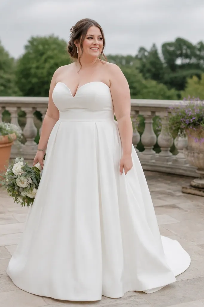 Ivory crepe ballgown with sweetheart neckline and full skirt