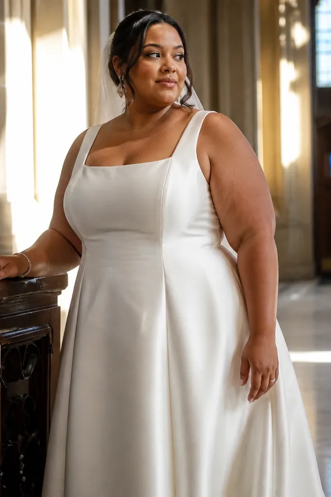 Ivory satin A-line dress with square neckline and simple seams