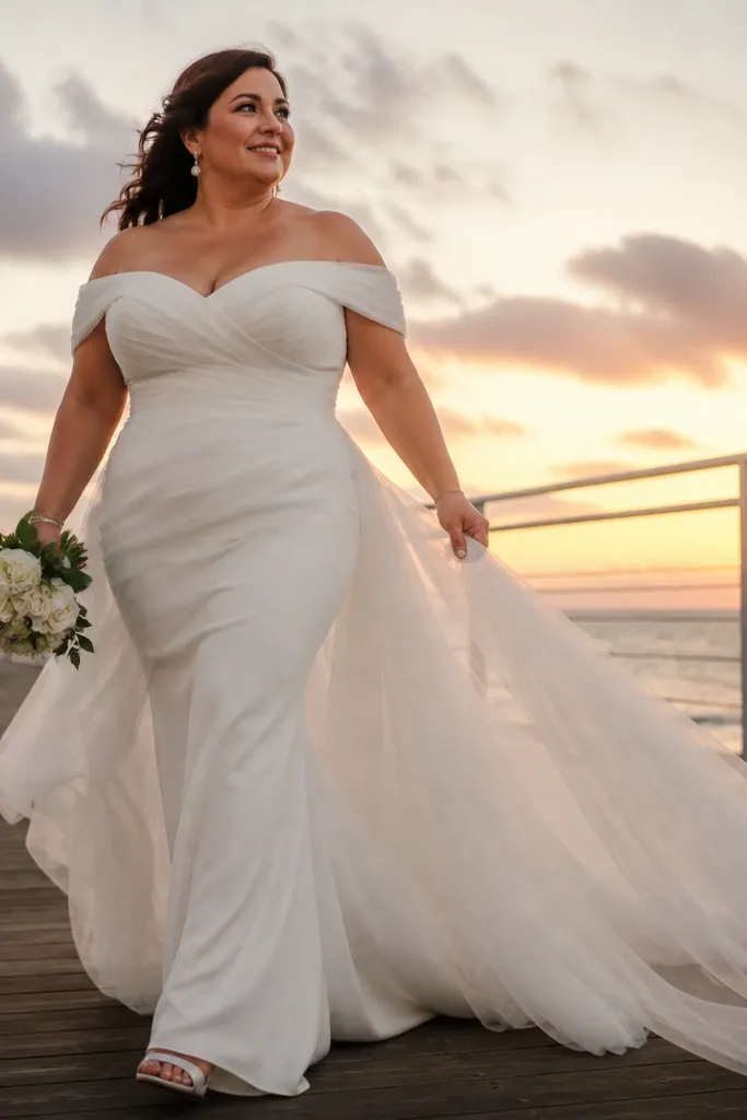 Off-the-shoulder tulle overlay mermaid gown with crepe underlayer