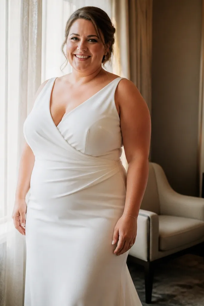 Ivory jersey slip wedding dress with V-neck and draped waist