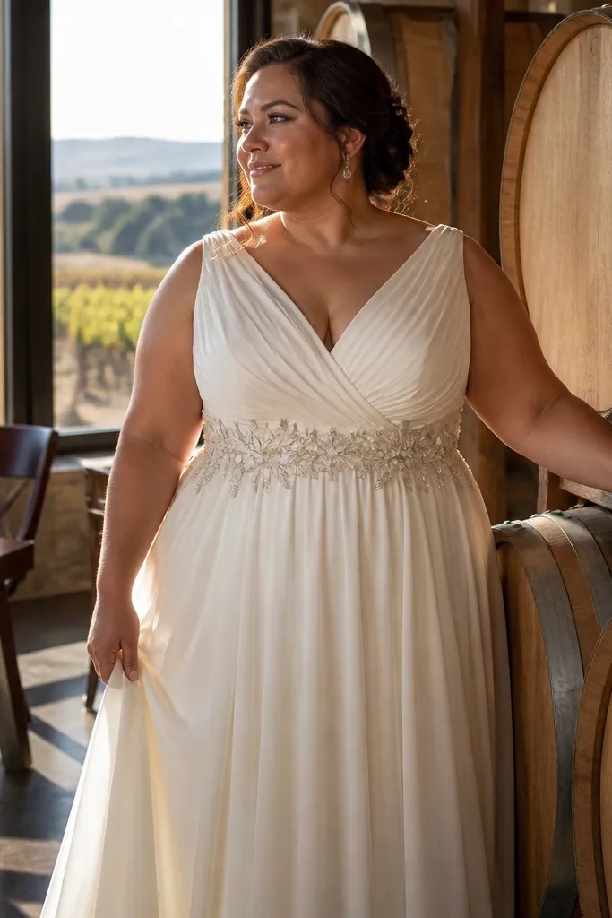 Ivory chiffon wrap dress with embroidered waistband and soft skirt