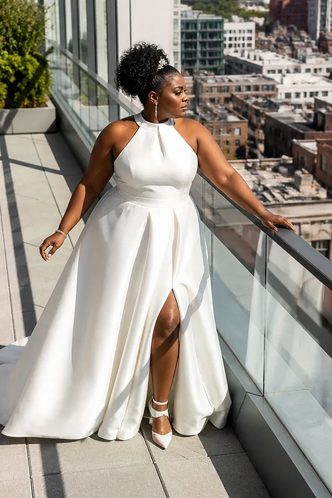 Ivory mikado halter gown with high waist and side split