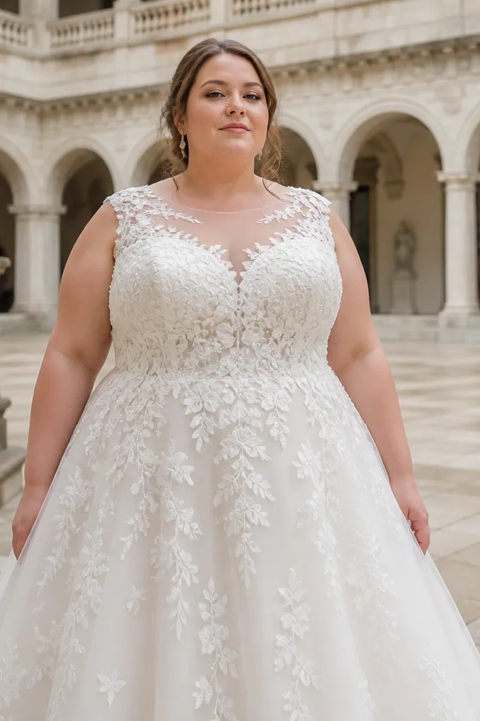 Ivory A-line gown with 3D floral appliqué and illusion tulle neckline