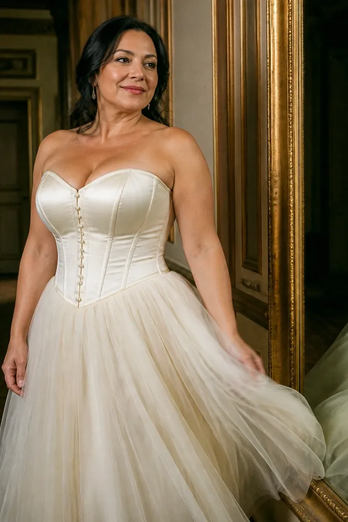 Ivory corset gown with pearl buttons and soft tulle skirt