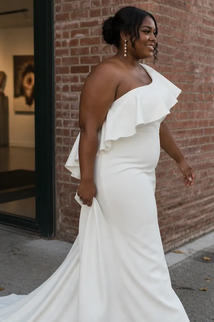Ivory crepe one-shoulder gown with an asymmetric ruffle