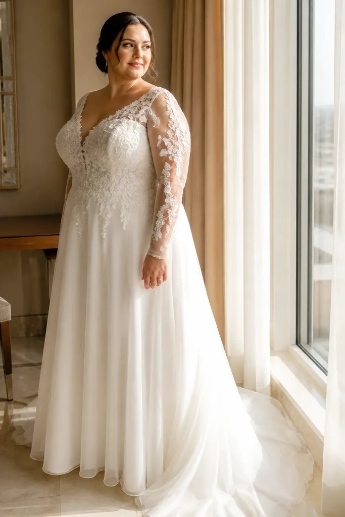 Ivory chiffon A-line dress with lace appliqué sleeves