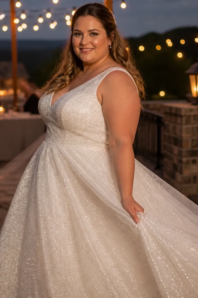 Ivory glitter tulle over satin gown with full skirt