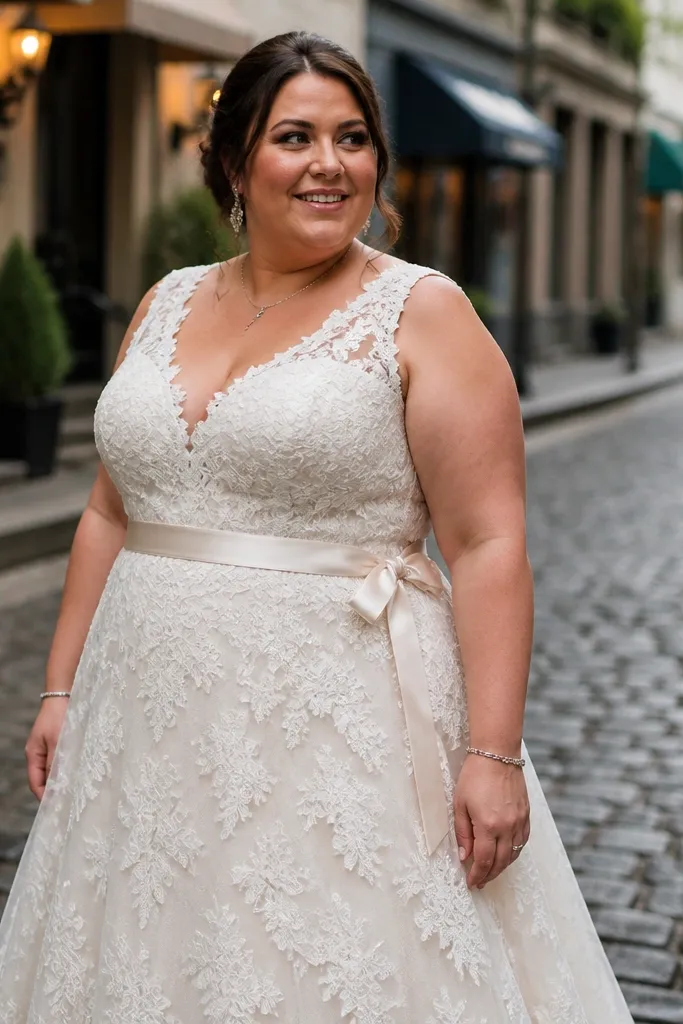 Ivory lace A-line dress with a cinched waist ribbon detail