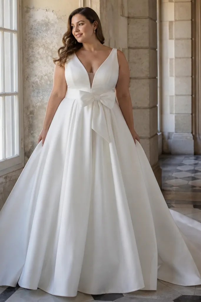 Ivory plunging V-neck mikado gown with a waist bow detail