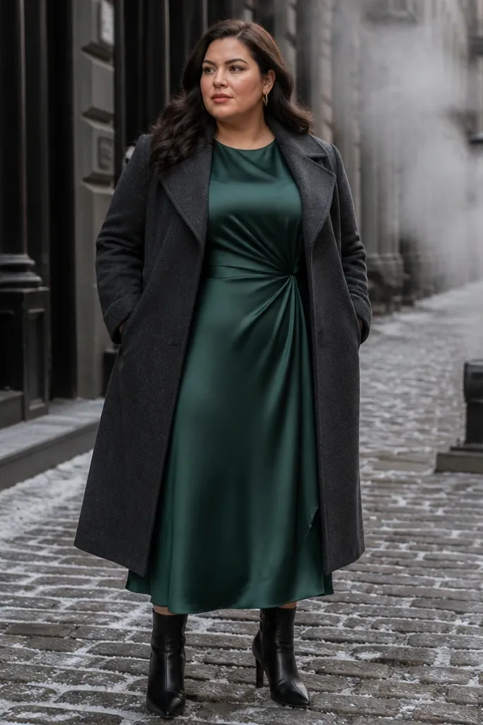 Forest green long-sleeve satin midi dress with a cream wool wrap coat and dark ankle boots