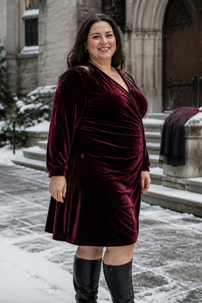 Burgundy velvet wrap dress with cuffed sleeves and black knee-high boots