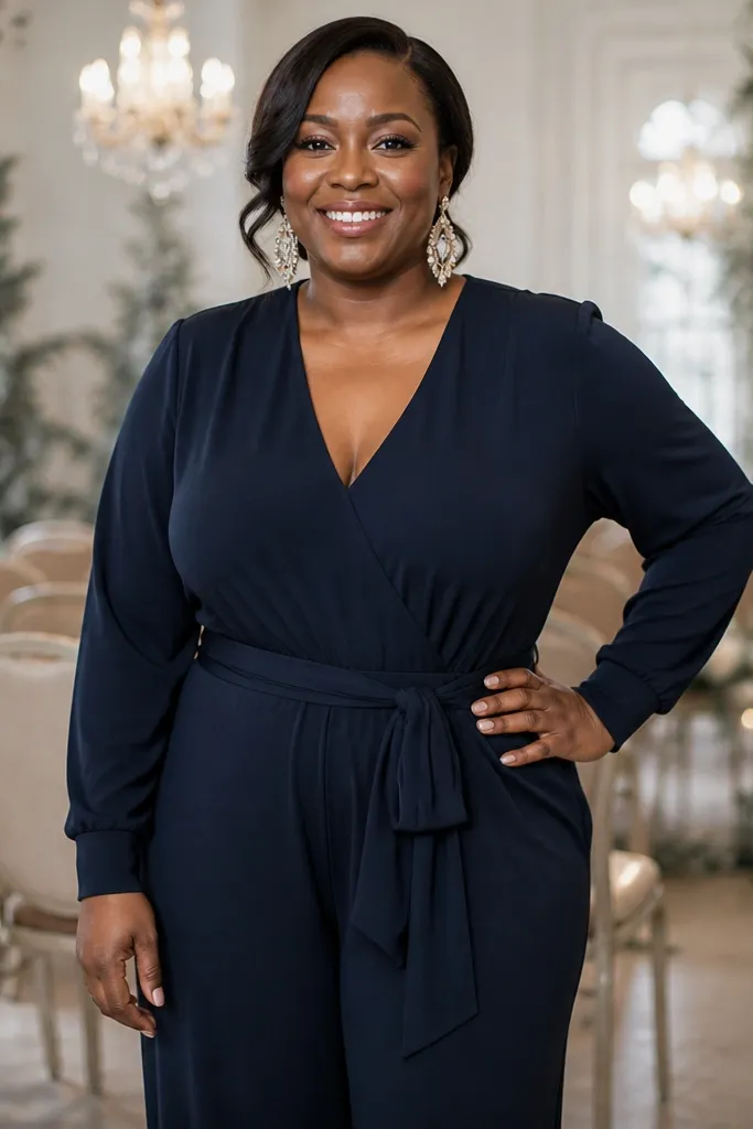 Navy crepe jumpsuit with waist tie, long sleeves, and dangling earrings