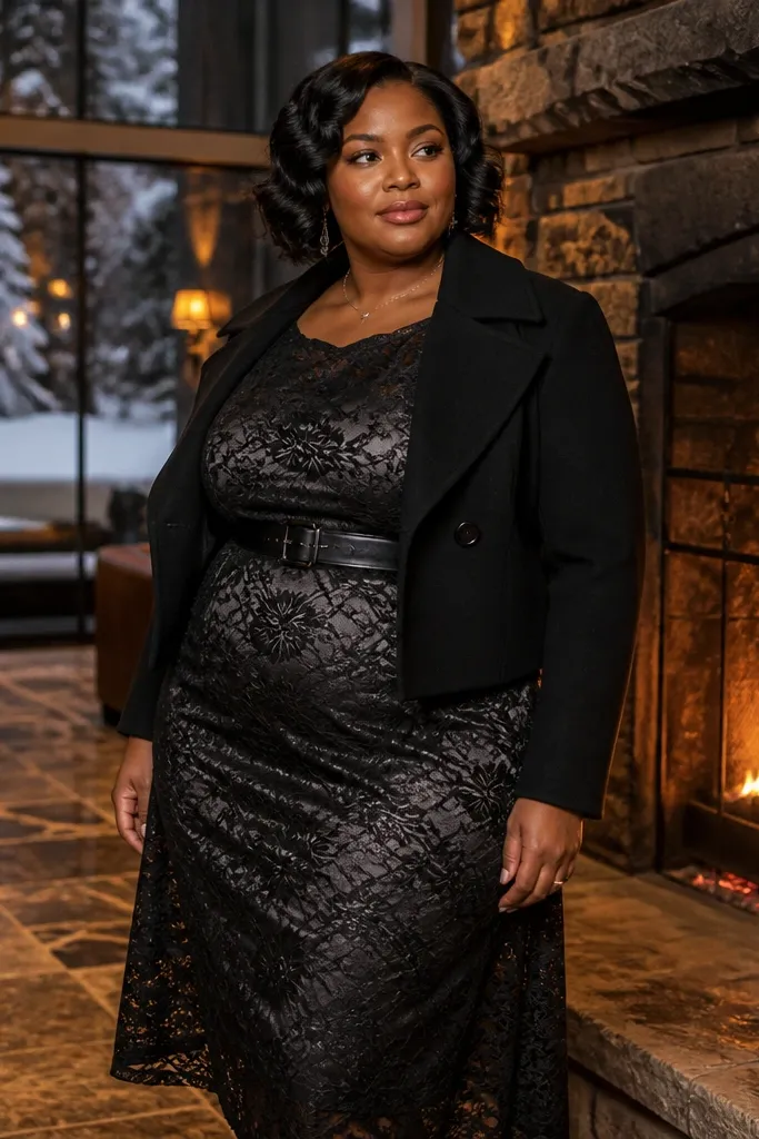 Black lace midi dress over a satin slip and black heeled boots