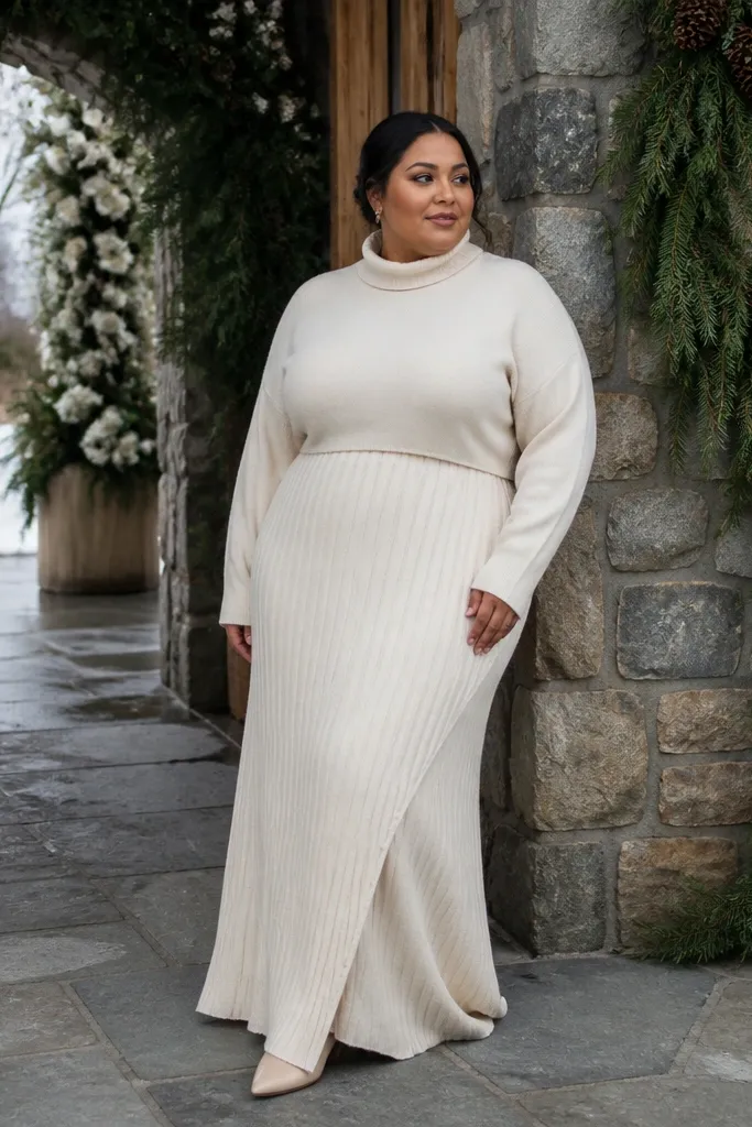 Ivory sweater dress with a layered ribbed maxi skirt and tan ankle boots