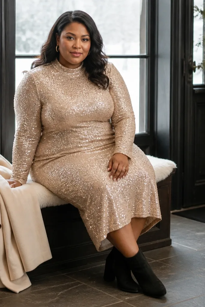 Champagne sequin long-sleeve mock neck midi dress with nude tights