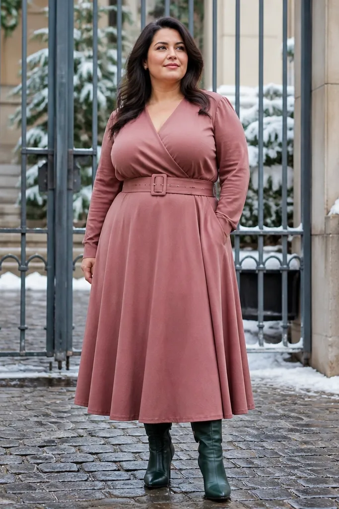 Dusty rose belted wrap midi dress with dark green ankle boots