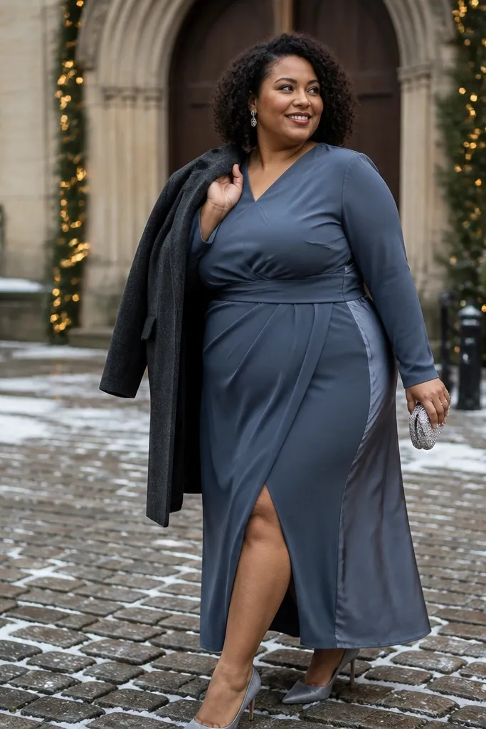 Slate blue satin-back crepe maxi dress with a side slit and black heels