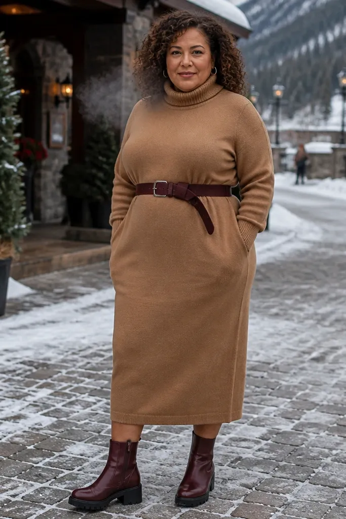 Camel turtleneck midi dress with a belt and oxblood ankle boots